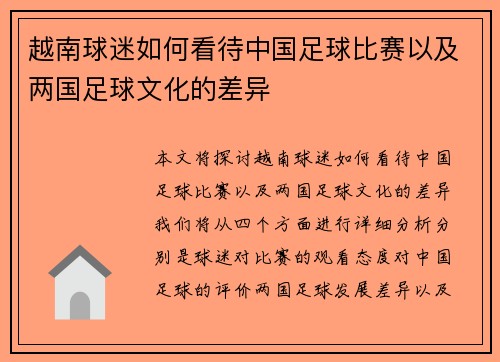 越南球迷如何看待中国足球比赛以及两国足球文化的差异